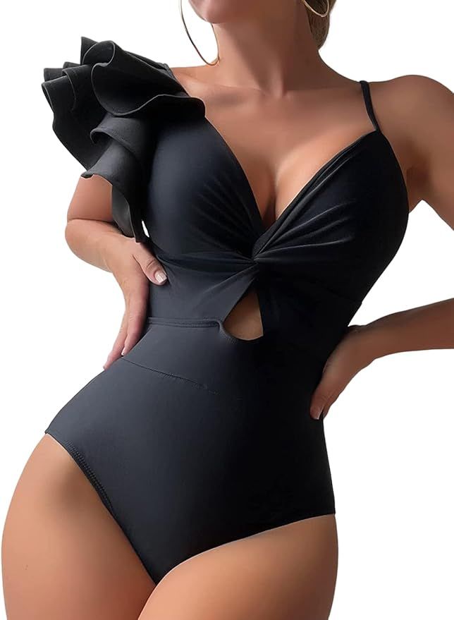 SOLY HUX Women's Onepiece Swimsuit Ruffle Trim Twist Front Bathing Suit Swimwear | Amazon (US)