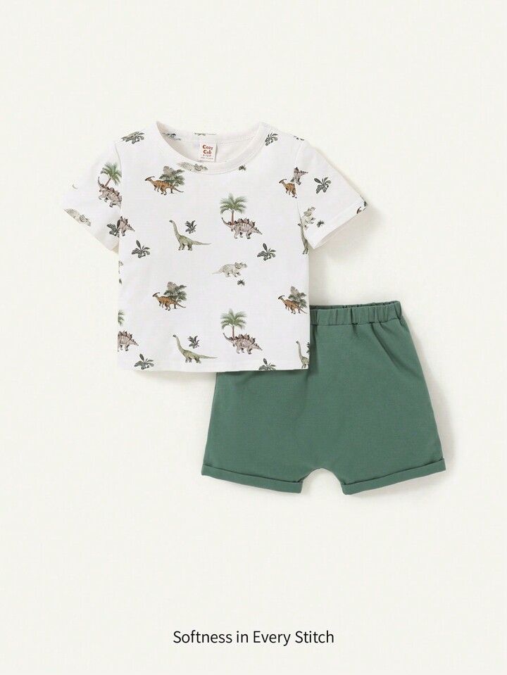 Cozy Cub Baby Boy's Cartoon Coconut Tree & Dinosaur Pattern Short Sleeve T-Shirt With Round Neckl... | SHEIN