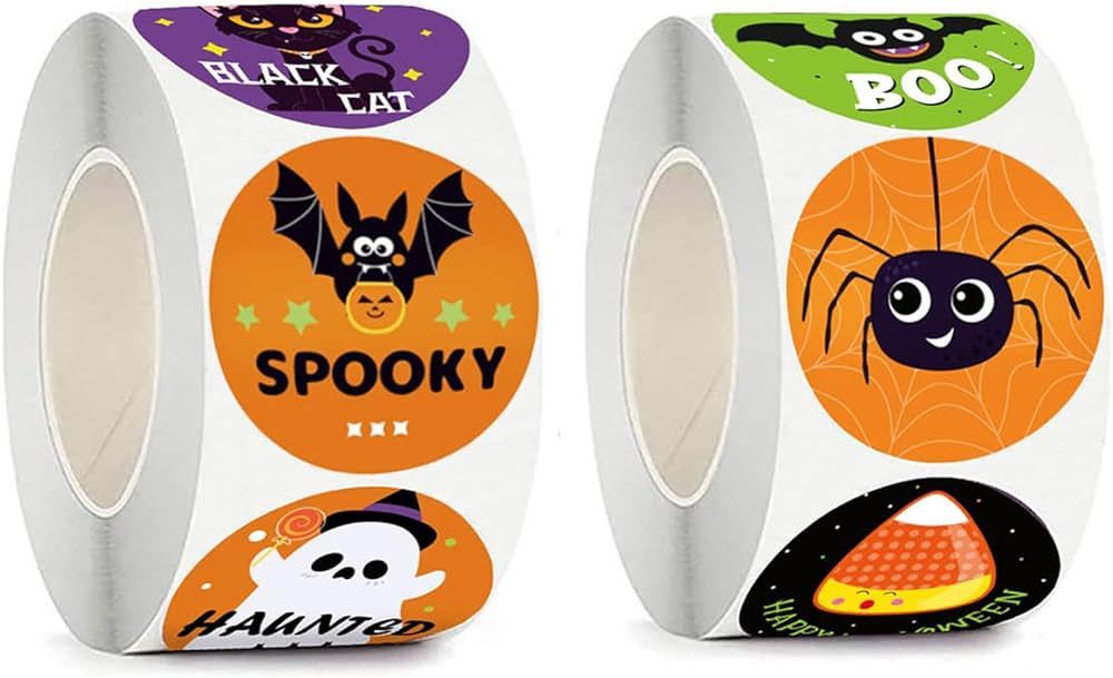1000 PCS Halloween Stickers, 2 Rolls Halloween Pumpkin Bat Spider Stickers, 16 Vibrant Colors and... | Amazon (US)