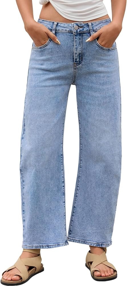 Mid Rise Barrel Jeans for Women Trendy Boyfriend Stretchy Baggy Cropped Denim Pants with Pockets | Amazon (US)