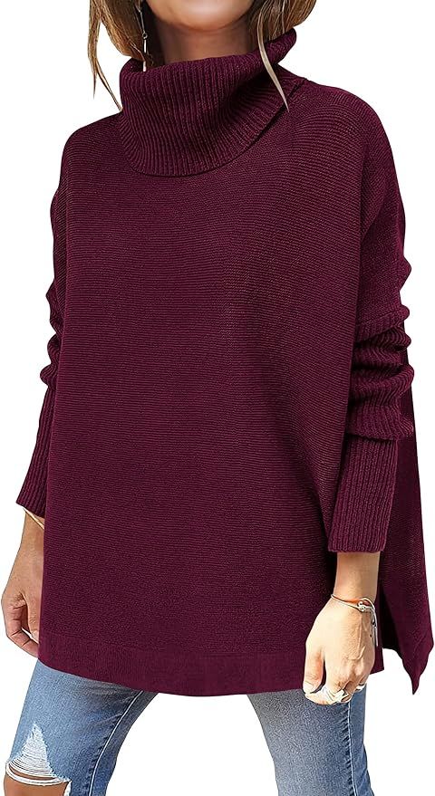 ANRABESS Women's Turtleneck Oversized 2022 Long Batwing Sleeve Spilt Hem Knit Tunic Pullover Swea... | Amazon (US)