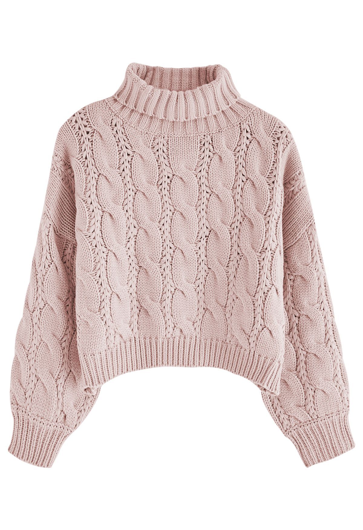 Turtleneck Braid Knit Crop Sweater in Pink | Chicwish