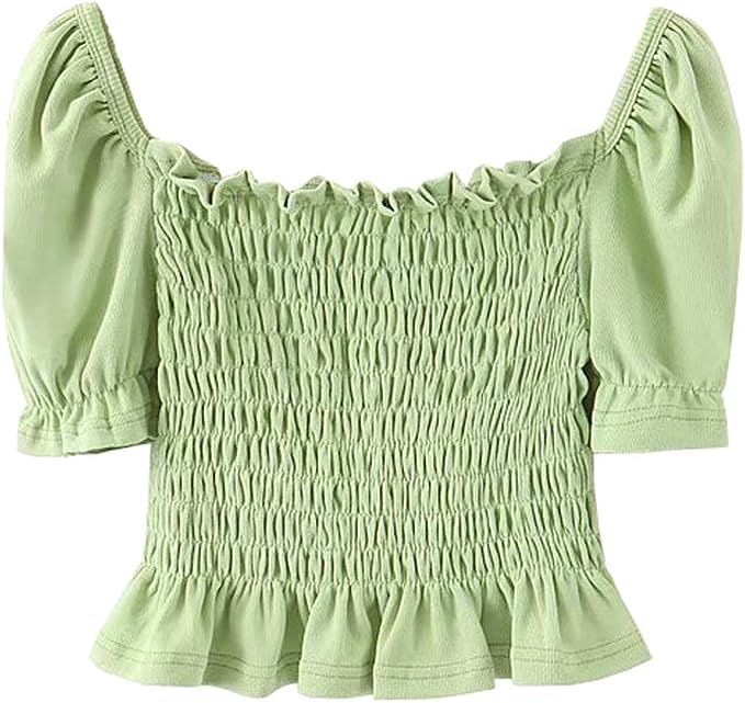 R.Vivimos Women's Summer Knit Shirred Short Sleeve Ruffle Blouse Crop Top | Amazon (US)