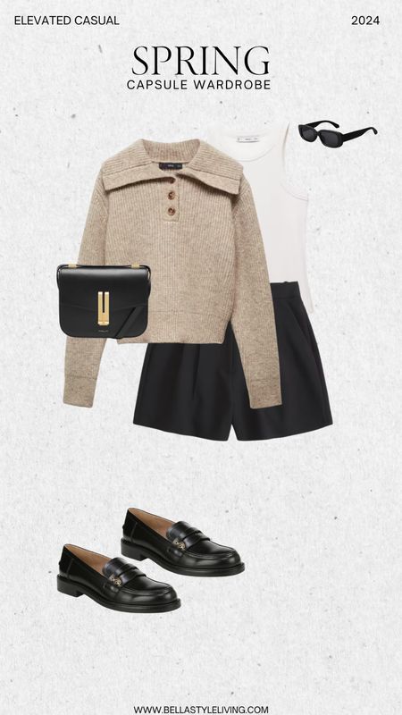 Neutral spring capsule wardrobe outfit. Black Abercrombie tailored shorts with white tank and a tan pull over paired with black loafers.

#LTKover40 #LTKstyletip #LTKfindsunder50