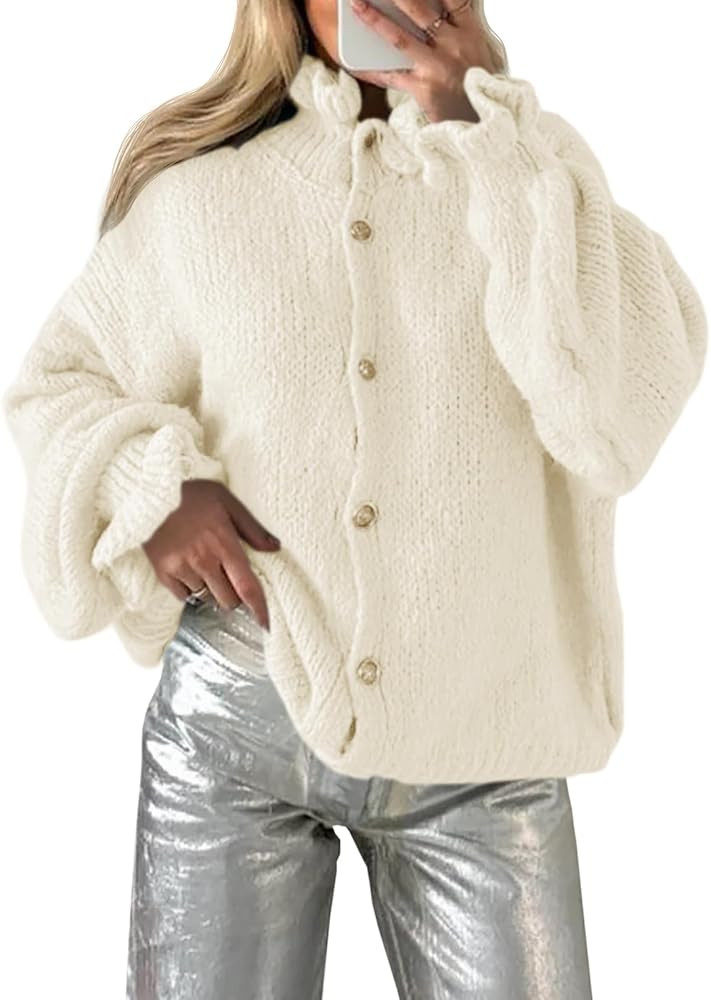 Saodimallsu Womens Ruffle Cardigan Oversized Button Up Fall Trendy Ribbed Knit Open Front Long Sl... | Amazon (US)