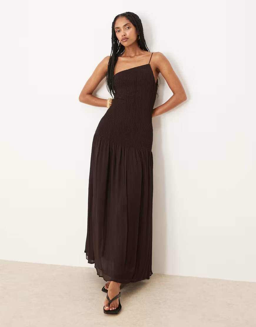 Mango one shoulder bias chiffon slip dress in chocolate-Brown | ASOS (Global)