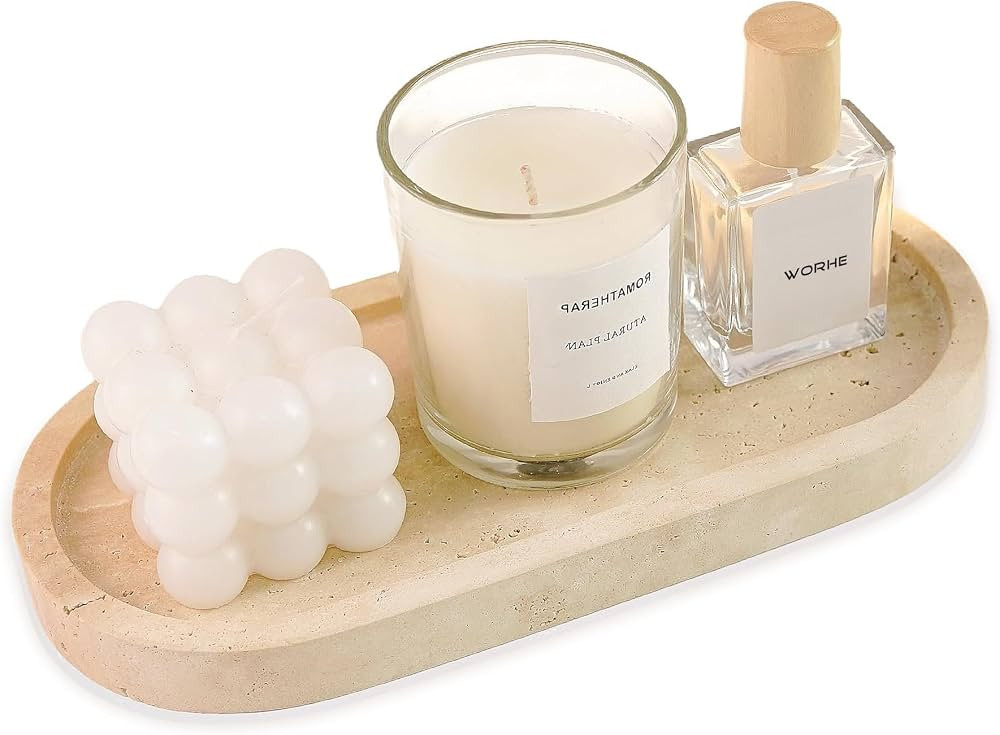 WORHE Italy Natural Travertine Stone Tray for Jewelry Candles Perfume Travertine Stone Decorative... | Amazon (US)