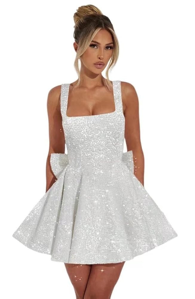 Dessiny Square Neck Sequin Homecoming Dresses Spaghetti Strap Cocktail Party Dresses with Bow DE3... | Amazon (US)