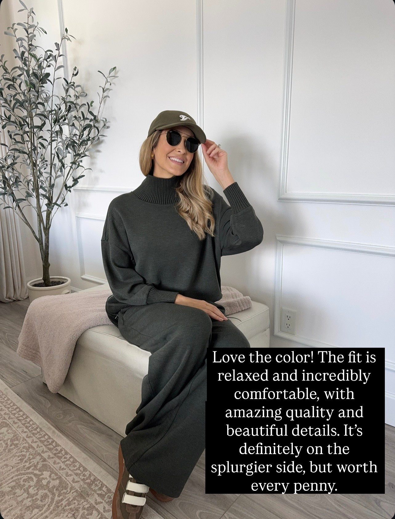 Love the color! The fit is relaxed and incredibly comfortable, with amazing quality and beautiful details. It's definitely on the splurgier side, but worth every penny. Fits true to size and I’m wearing a size small 

#LTKStyleTip #LTKSeasonal #LTKU