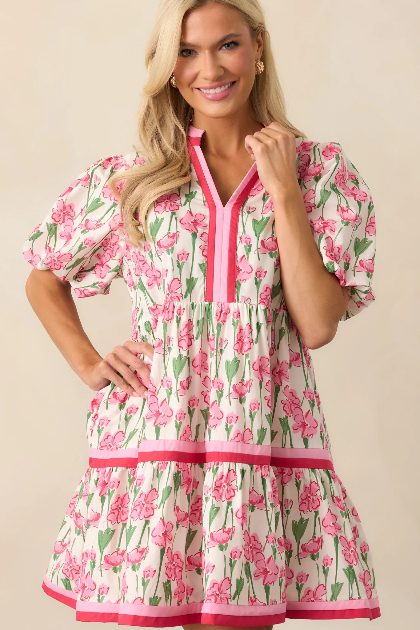 Lunch With The Girls Cotton Pink Floral Mini Dress | Red Dress