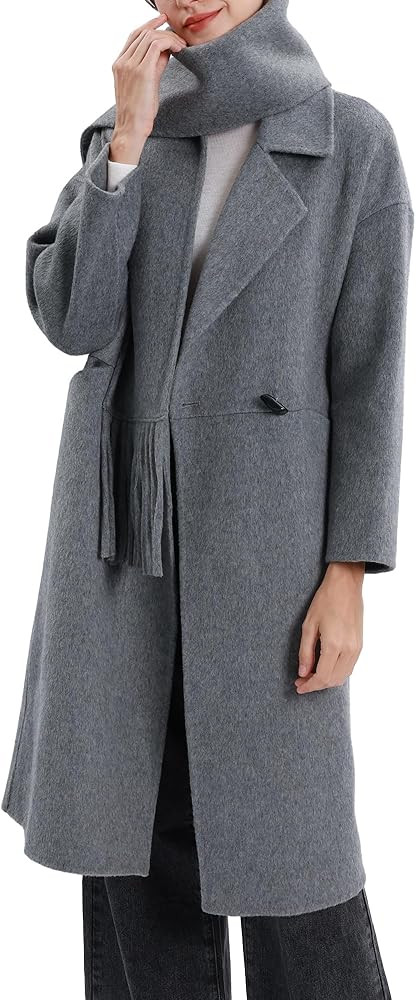 Womens Winter Notch Lapel Wool Blend Coat Casual Warm Peacoat with Scarf | Amazon (US)