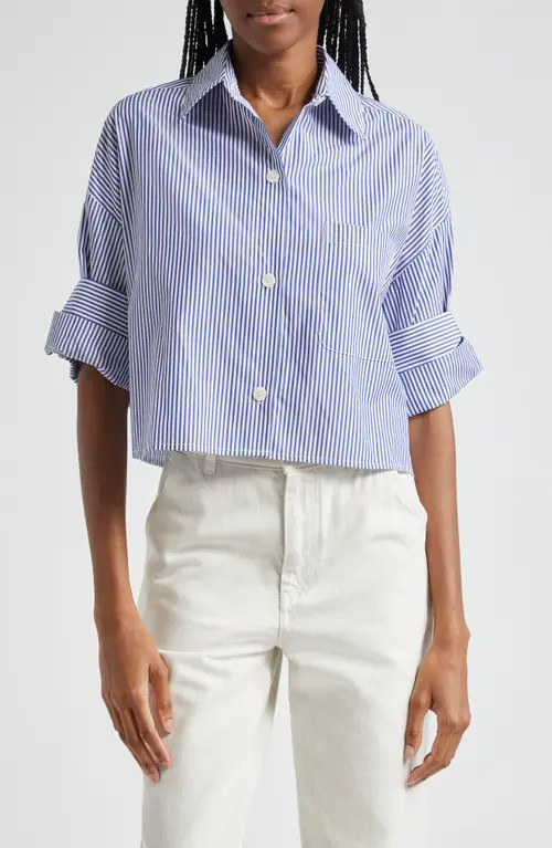 TWP Next Ex Stripe Cotton Button-Up Crop Shirt in White /Indigo at Nordstrom, Size Medium | Nordstrom