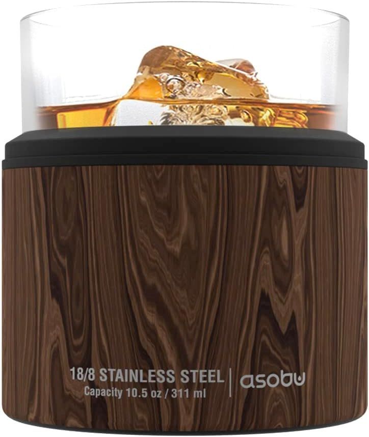 asobu Whiskey Glass with Insulated Stainless Steel Sleeve, 10.5 ounces (Wood) | Amazon (US)