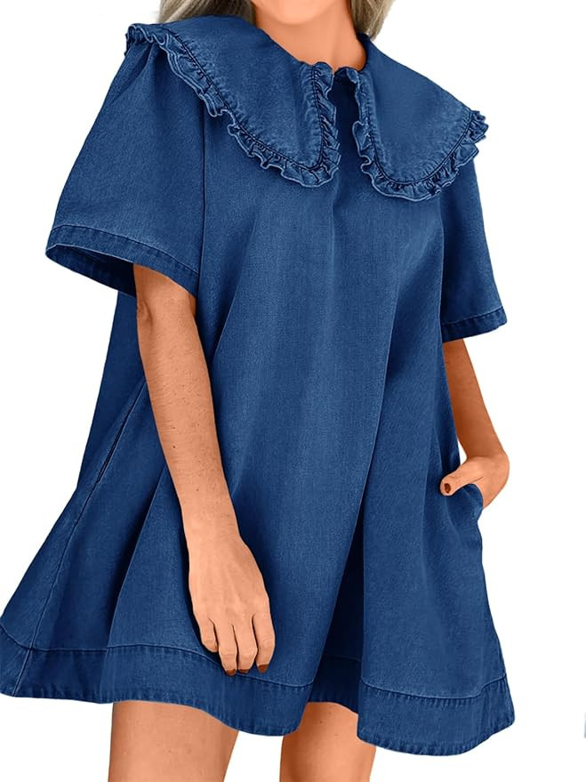 Wenrine Womens Summer Denim Mini Dress Oversized Peter Pan Collar Short Sleeve Casual Flowy Babyd... | Amazon (US)