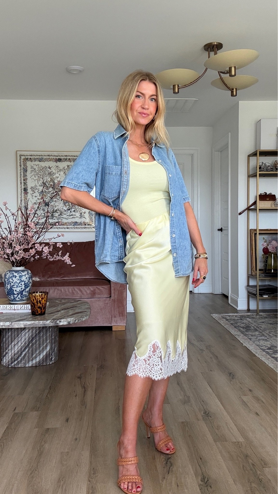 Yellow top + lace skirt with denim button up! 
Top: runs TTS, wearing size small 
Skirt: runs TTS, wearing size XS
Denim top: runs oversized, wearing size small

#LTKootd #LTKgrwm #LTKSeasonal