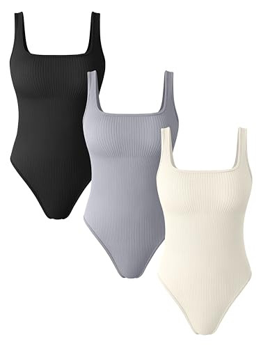 OQQ Women's 3 Piece Bodysuits Sexy Ribbed Square Neck Basic Stretch Tank Tops Bodysuits Black Grey Beige | Amazon (US)