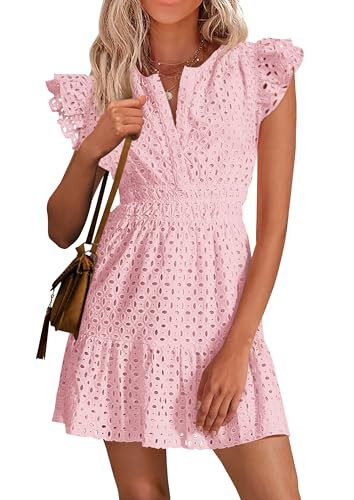 PRETTYGARDEN Women's 2026 Summer Sundresses Eyelet Cap Sleeve V Neck Short Boho Wedding Guest Dress Beach Vacation Clothes (Pink,X-Large) | Amazon (US)