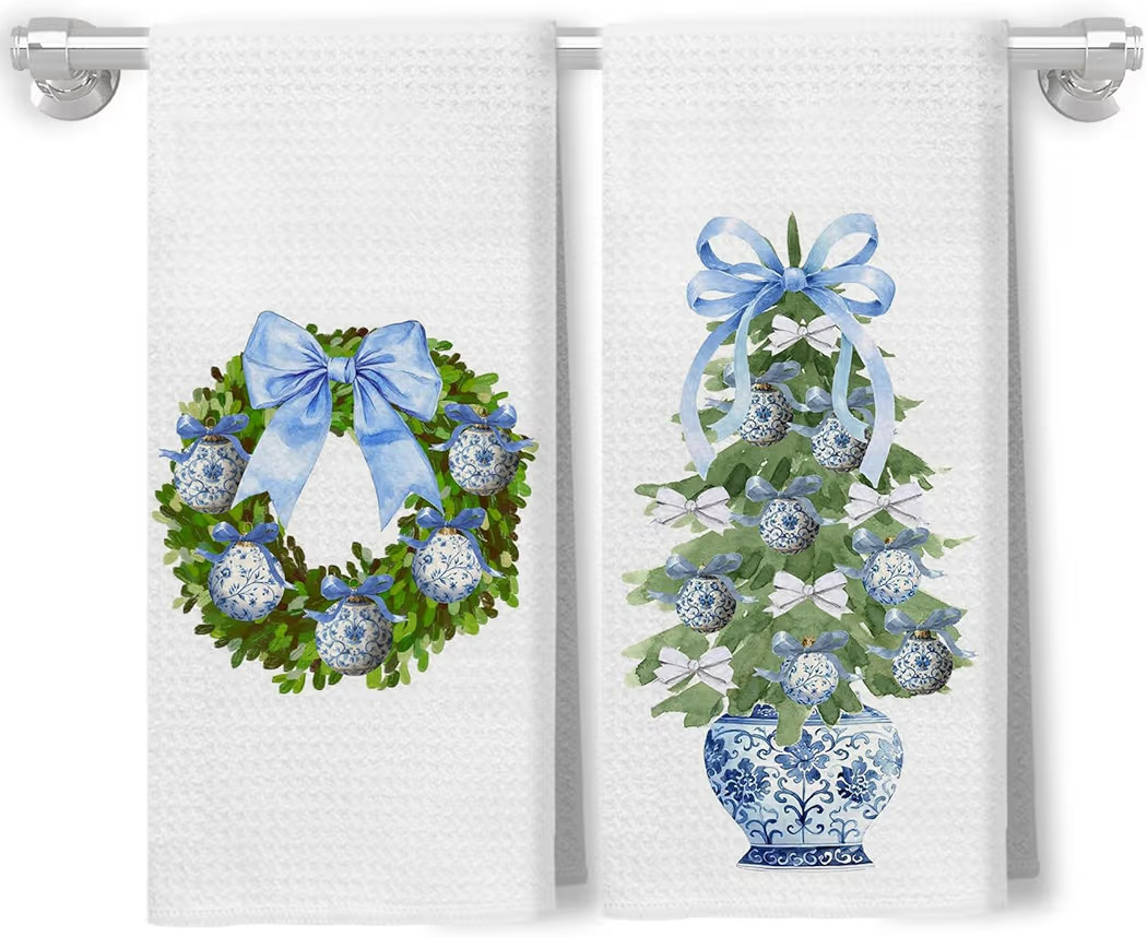 Blue and White Christmas Tree Wreath Kitchen Towels, Chinoiserie Christmas Decor, Coquette Blue B... | Amazon (US)