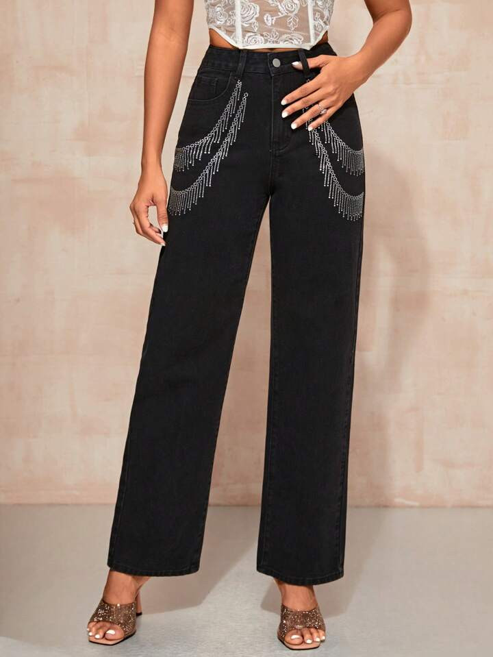 SHEIN BAE High Waist Rhinestone Decor Straight Leg Jeans | SHEIN