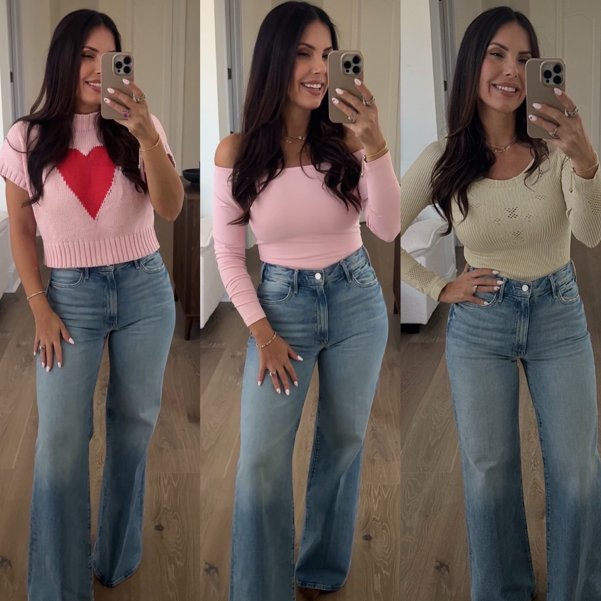 Cute tops to wear with jeans 👖 
Heat sweater: small 
Pink off the shoulder: small 
Beige long sleeve: extra small 

#LTKootd #LTKgrwm #LTKOver40