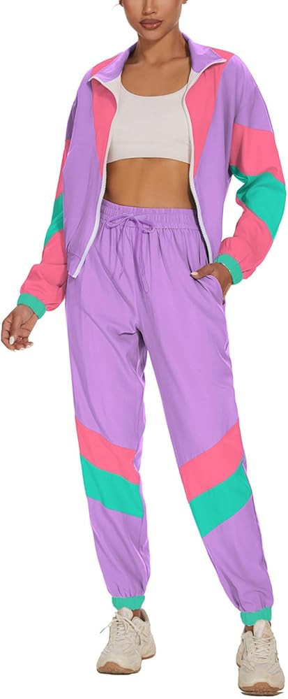 UOUA Women's Color Block 2 Piece 80s 90s Outfits Long Sleeve Windbreaker Jacket Tracksuit Set | Amazon (US)