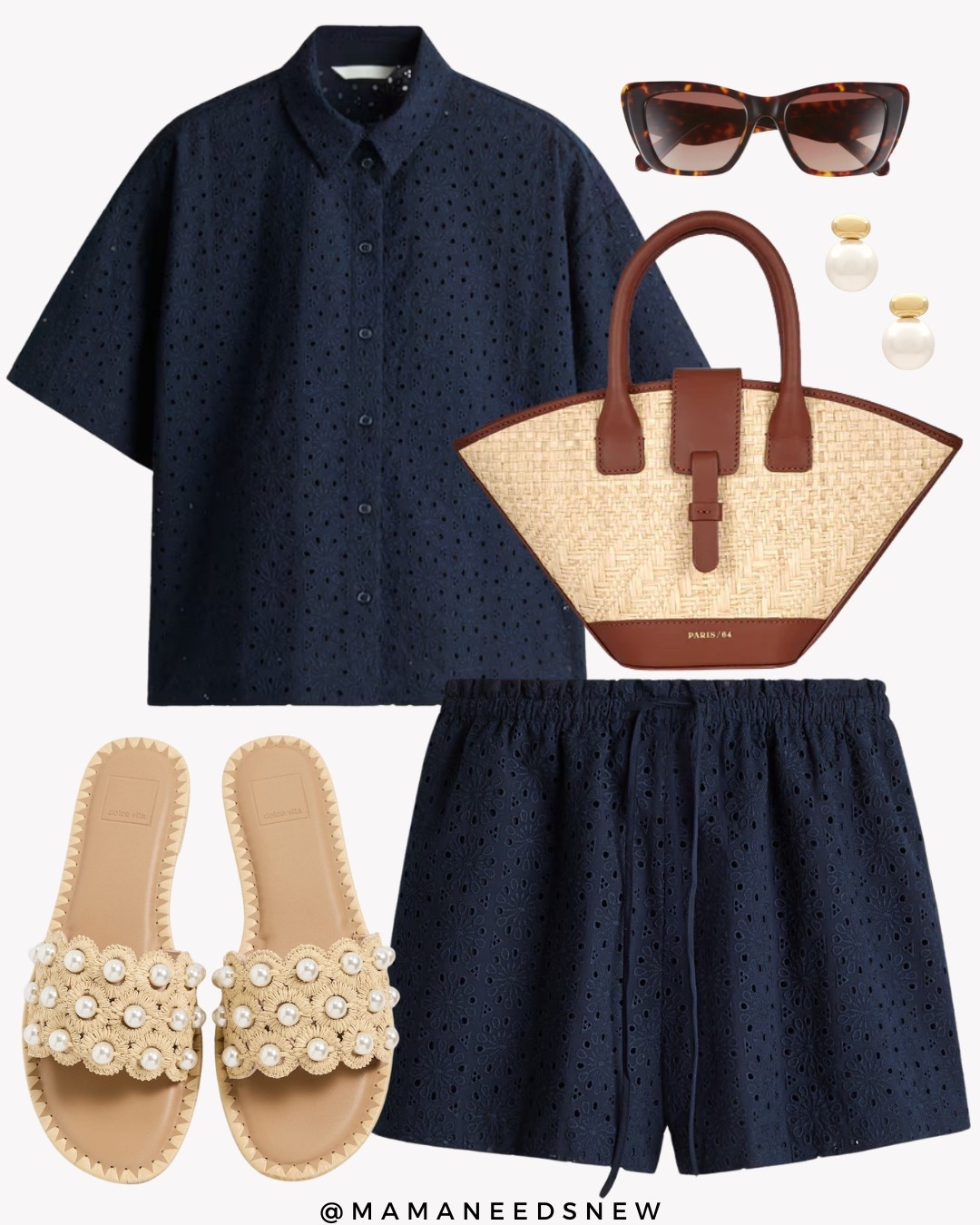 A summer outfit with a navy eyelet matching shirt and shorts set, top handle / crossbody summer bag, pearl slide sandals 💙

#LTKStyleTip #LTKSaleAlert #LTKItBag