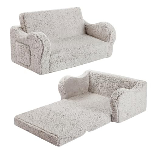 MOMCAYWEX Kids Extra Wide Chairs for Toddler, 2-in-1 Toddler Soft Sherpa Couch Fold Out, Convertible Sofa to Lounger for Girls and Boys, Grey | Amazon (US)