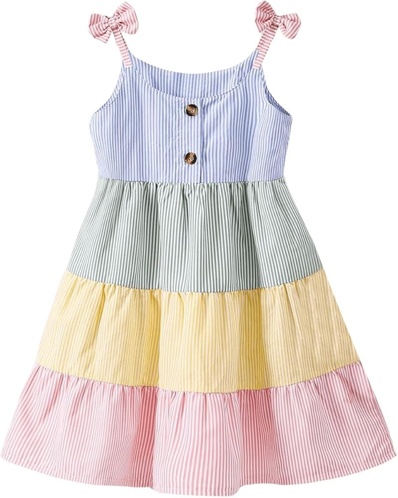 MakeMeChic Girl's Striped Color Block Bow Knot Ruffle Tiered A Line Short Cami Dress | Amazon (US)
