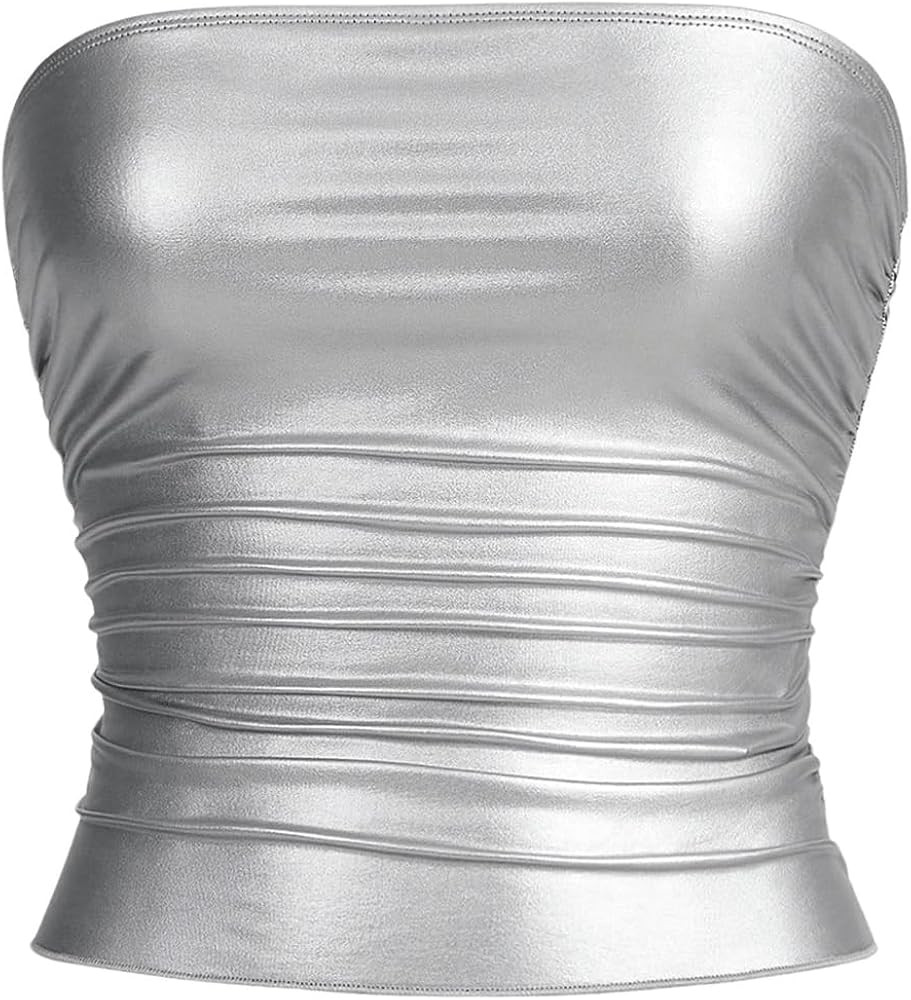MakeMeChic Women's Gold Tops Leather Tube Tops Fall Club Fitted Shirts | Amazon (US)