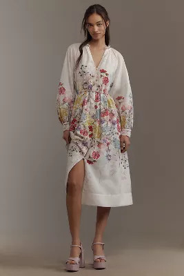 Let Me Be Long-Sleeve V-Neck Floral A-Line Midi Dress | Anthropologie (US)