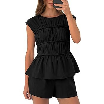 Tankaneo Womens Summer Smocked 2 Piece Short Sets Cap Sleeve Babydoll Peplum Blouse Casual Matchi... | Amazon (US)
