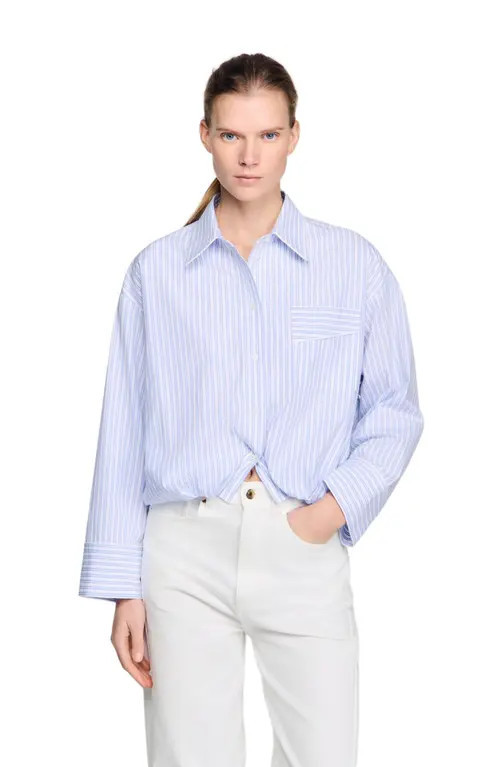 SANDRO Cropped striped shirt in Blu /White at Nordstrom, Size Large | Nordstrom