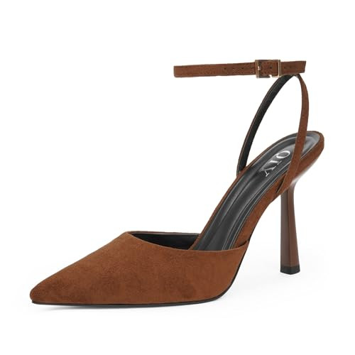 QIY Brown Heels for Women Pumps Closed Pointed Toe Slingback Kitten Pointy Heels Heeled Sandals Ankle Strap Strappy Brown Suede High Heel Wedding Dress Shoes Size 6 | Amazon (US)