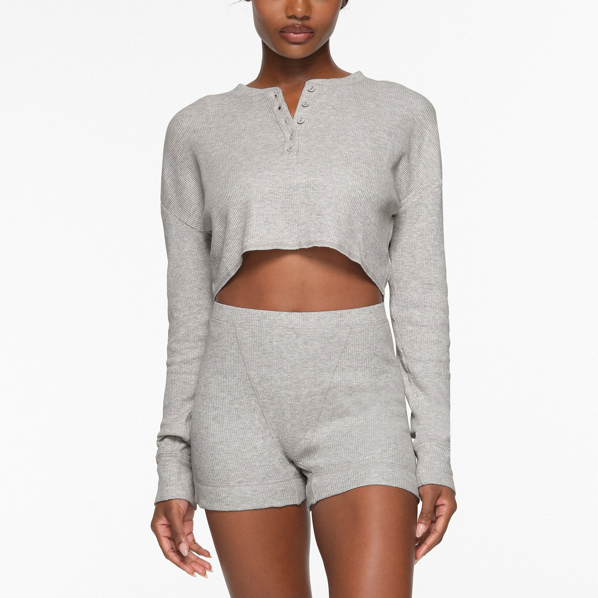 SKIMS Henley Cropped Long Sleeve | Grey | XS | Waffle | SKIMS (US)