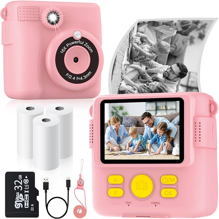 Instant Print Camera for Kids with 3 Rolls of Printer Paper, 1080P Toddler Digital Camera Toys fo... | Amazon (US)