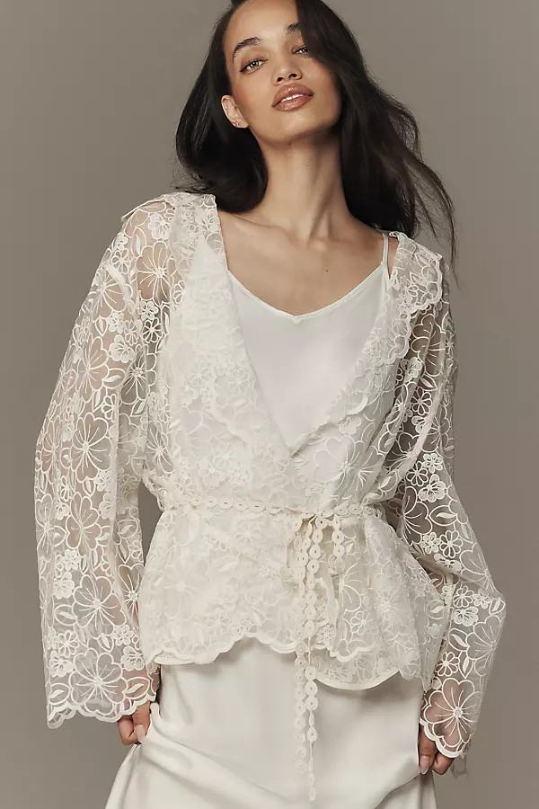 By Anthropologie Sheer Floral Lace Tie-Waist Jacket | Anthropologie (US)
