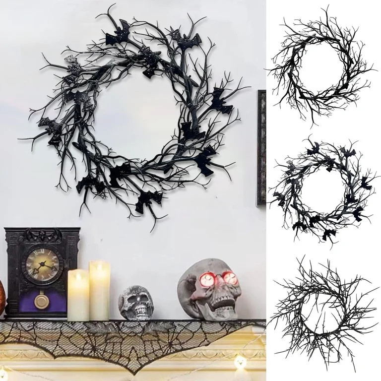 Boovnll Halloween Wreath, 18" Horror & Novelty Handmade Black Twig Glitter Bats Halloween Wreaths... | Walmart (US)