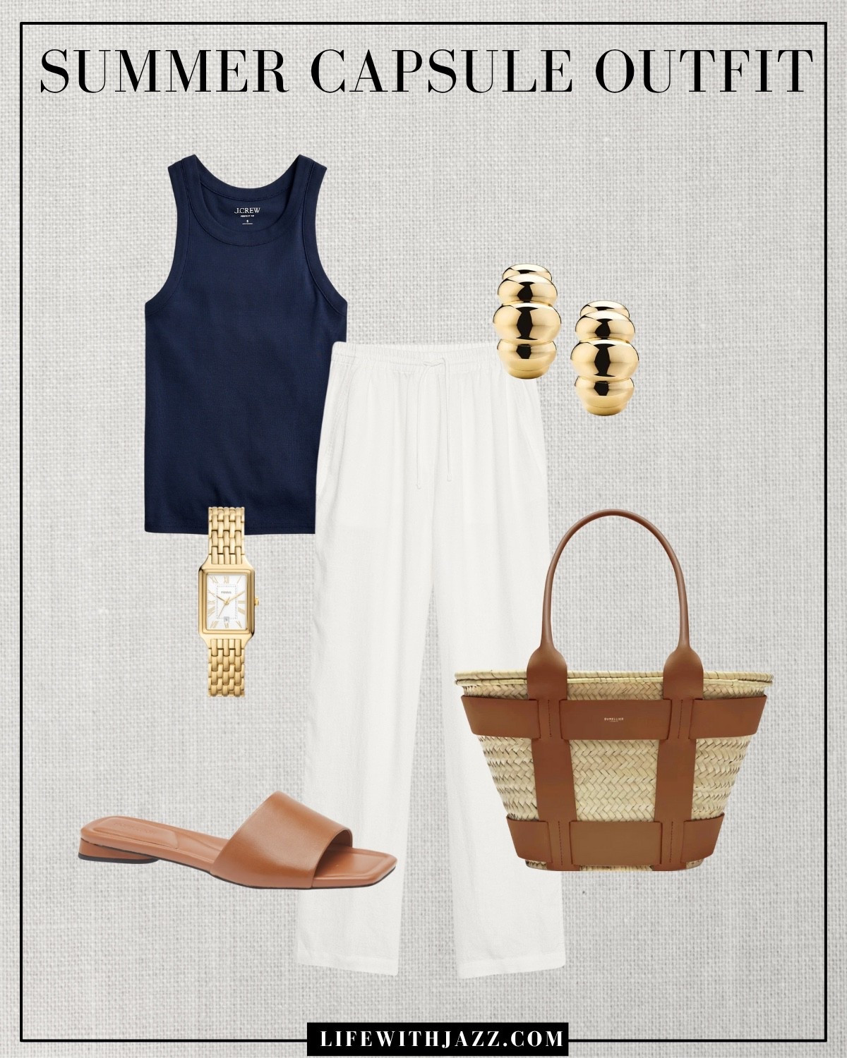 Summer capsule outfit 

Minimal style / elevated style / navy tank / cream linen pants / tan sandals / gold watch / gold earrings / straw tote bag / Demellier / Jcrew / Nordstrom  src25 

#LTKStyleTip #LTKSeasonal