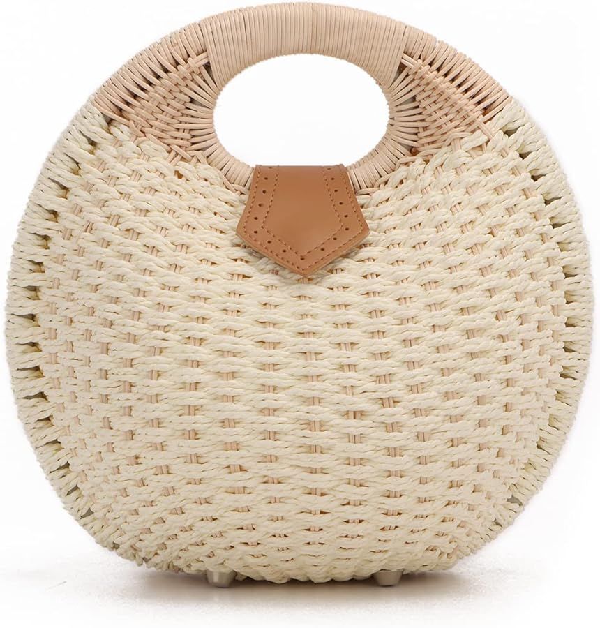 Ynport Straw Purses for Women Summer Beach Rattan Tote Bag Round Handle Ring Handbag Retro Handma... | Amazon (US)