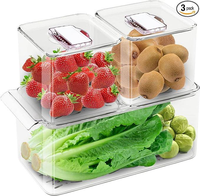 WAVELUX Produce Saver Containers for Refrigerator, Food Fruit Vegetables storage, 3 Pcs Stackable... | Amazon (US)