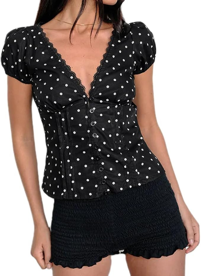 Women Y2K Fairy Button Up Shirt Cute Short Sleeve Blouse Grunge Crop Top 90S Vintage Coquette Top... | Amazon (US)