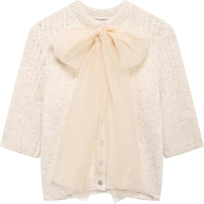 HOULENGS Women's Cute Half Sleeve Bow Tie Sweater Casual Round Neck Button Down Cardigan Sweater | Amazon (US)