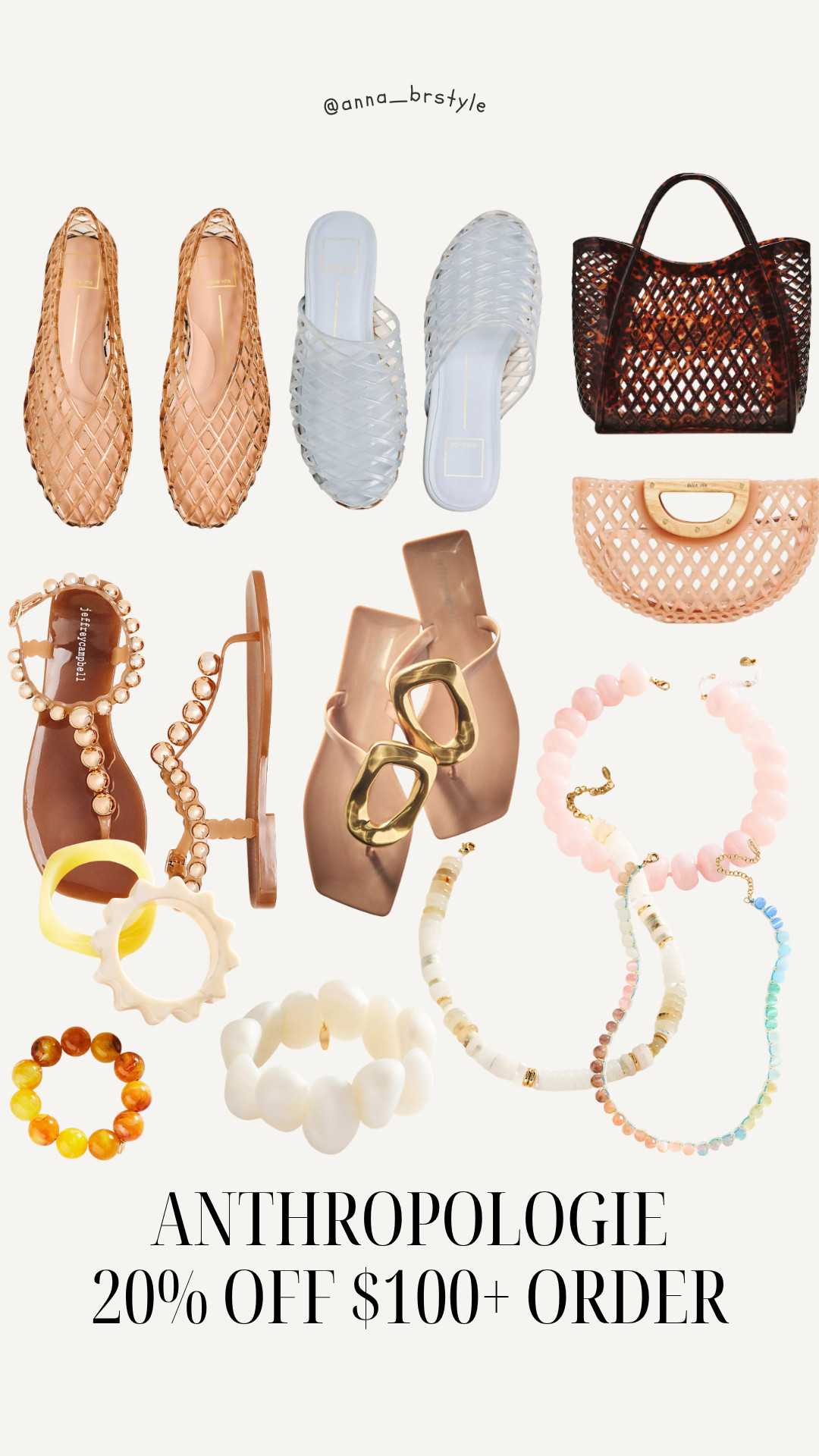 Anthropologie use code ANNAB20 for 20% off $100+ order. 

summer accessories, beach vacation style, coastal summer accessories, everyday summer essentials, vacation ready accessories, jelly tote, jelly sandals, statement jewelry, summer flats, beach bag 

 #LTKSaleAlert