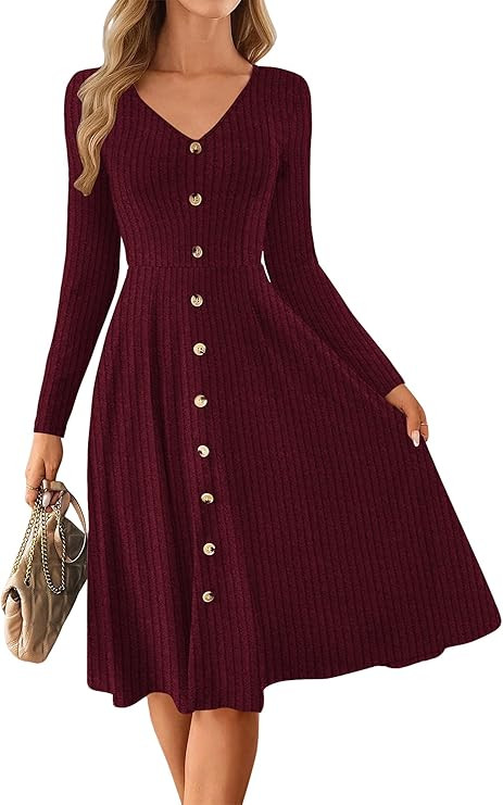 Lazysmile Long Sleeve Fall Winter Dresses for Women V Neck Button Down A Line Swing Casual Knit S... | Amazon (US)