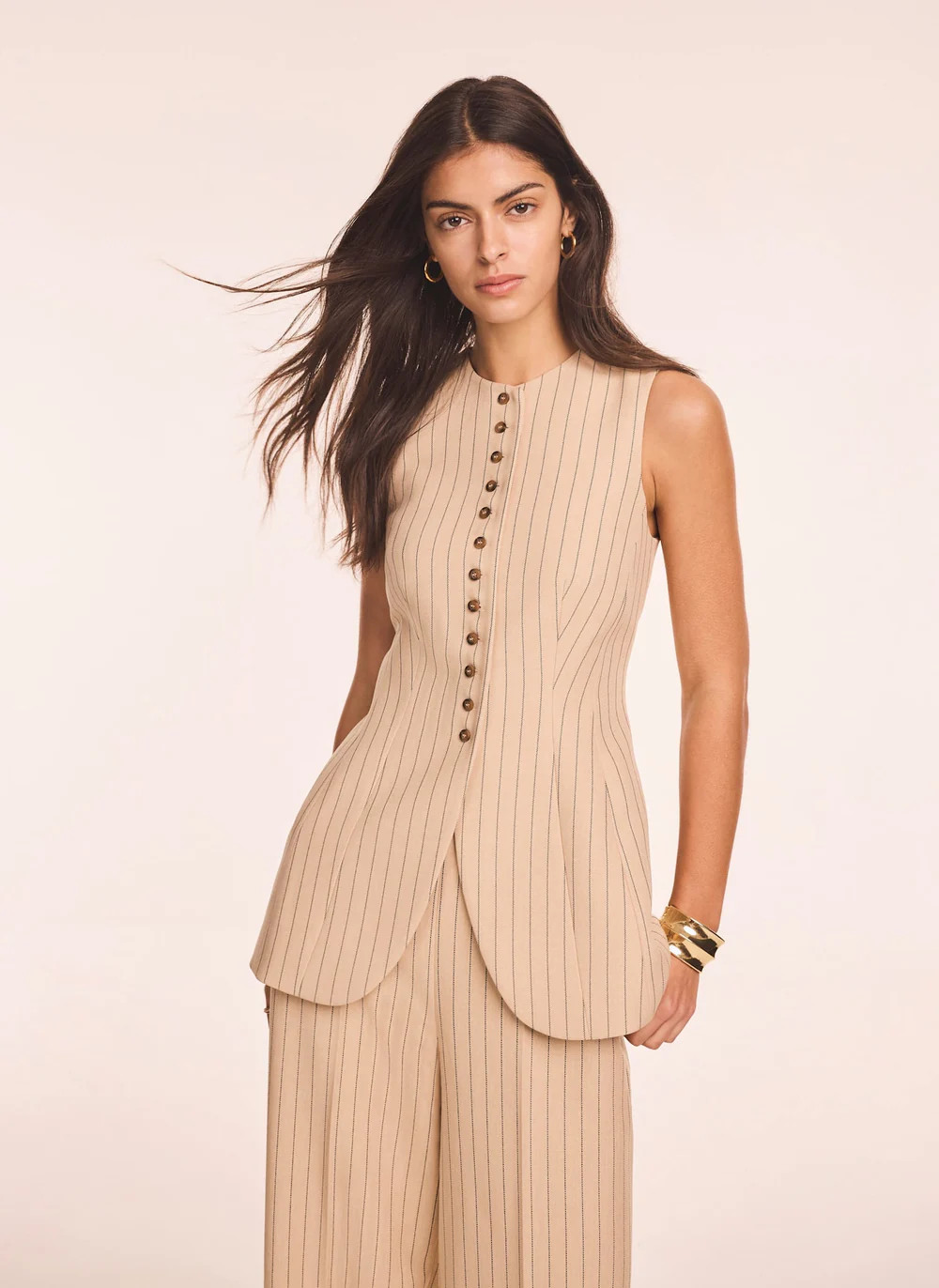 Neutral Pinstripe Longline Waistcoat | Mint Velvet