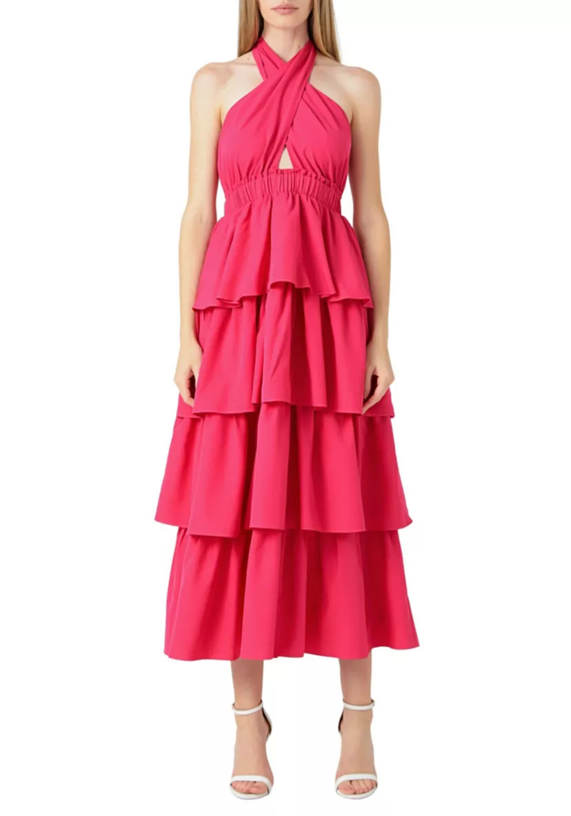 Crossed Halter Neck Tiered Maxi Dress | Belk