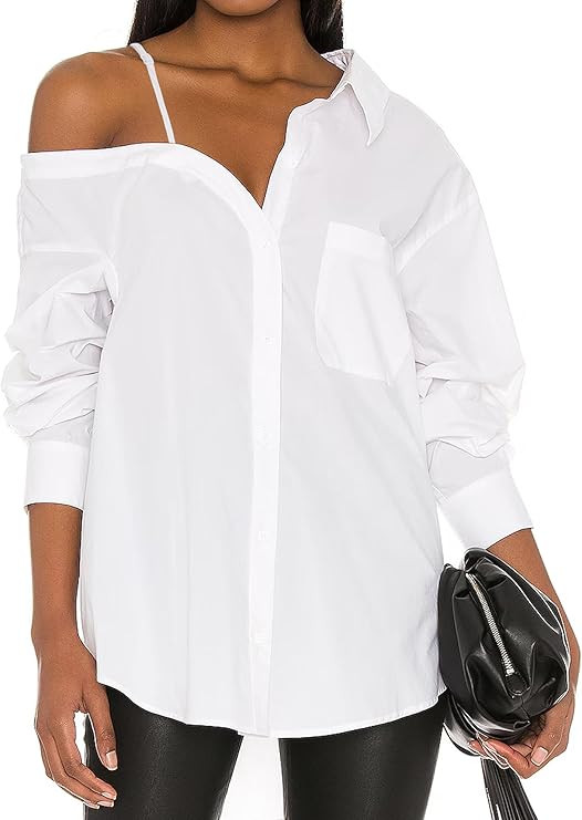 Women's Off Shoulder Long Sleeve Blouse Adjustable Tie Shirt with Functional Breast Pocket Relaxe... | Amazon (US)