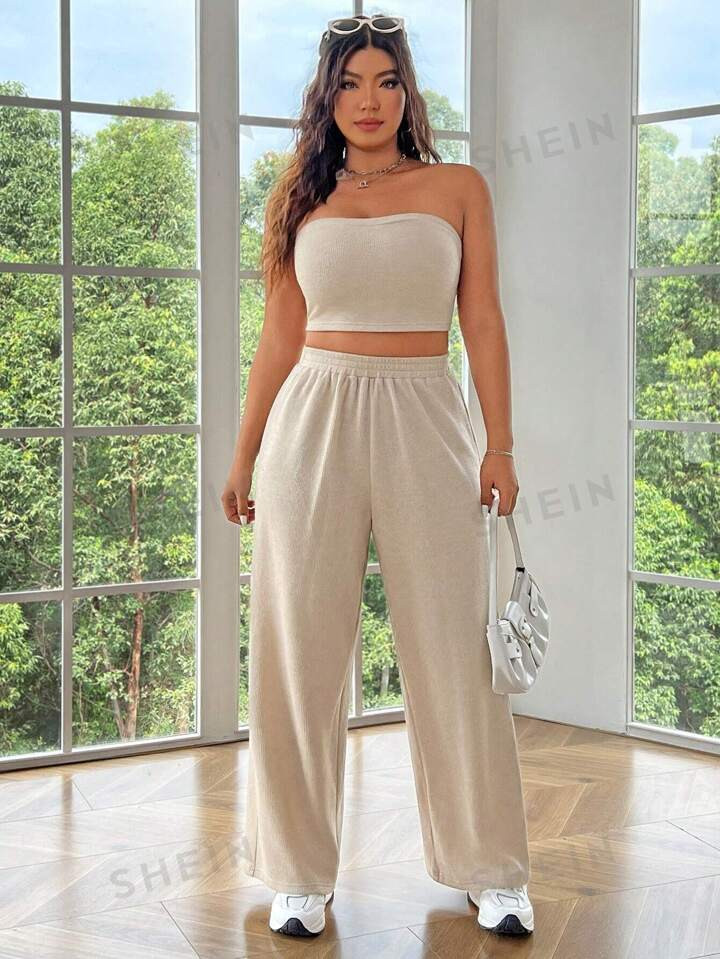 SHEIN EZwear Light Color Knit Plus Size Women's Tube Top Two-Piece Set | SHEIN