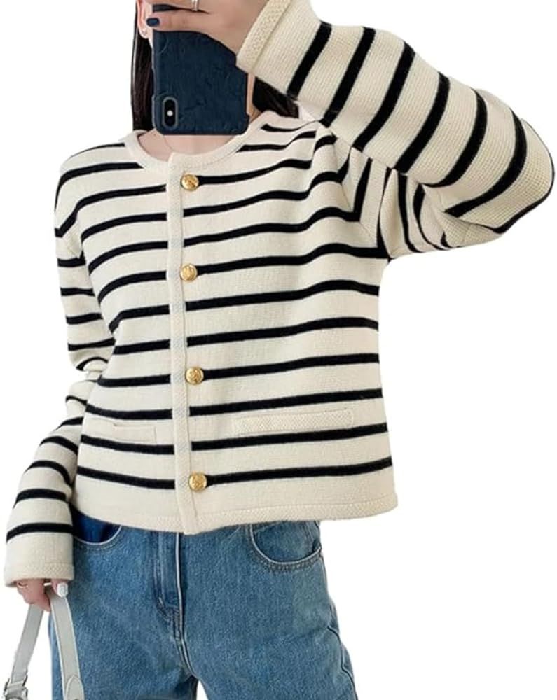Women's Long Sleeve Striped Sweater Trendy Long Sleeve Button Down Crewneck Knit Cardigans | Amazon (US)