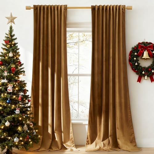 StangH Velvet Curtains 144 inches Long Luxury Gold Brown Blackout Thermal Insulated Tall Window Drapes Privacy Heavy Home Decor for Living Room/Hall, W52 x L144, 2 Panels | Amazon (US)